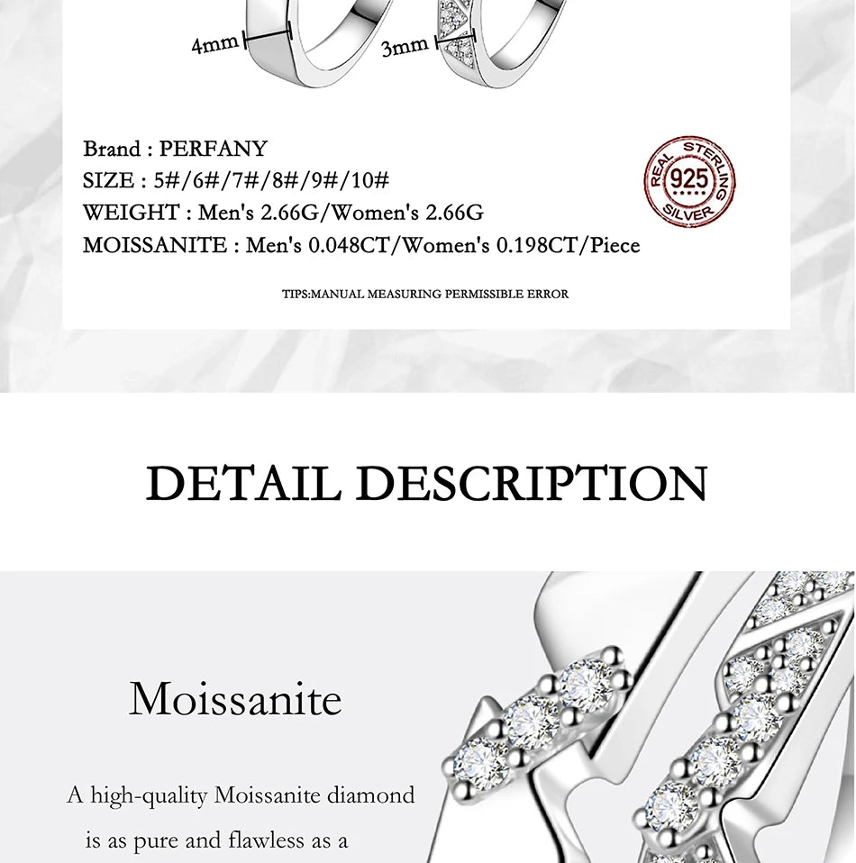 PERFANY All Moissanite Ring for Women Men S925 Pure Silver Couple Ring Simple Wedding Fashion Jewelry Birthday Gift