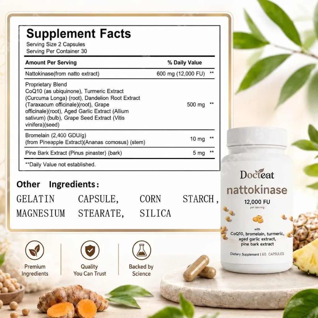 Docteat Nattokinase 12000 FU with CoQ10 Bromelain Turmeric Supports Healthy Blood Flow and Antioxidant Defense 60 Capsules