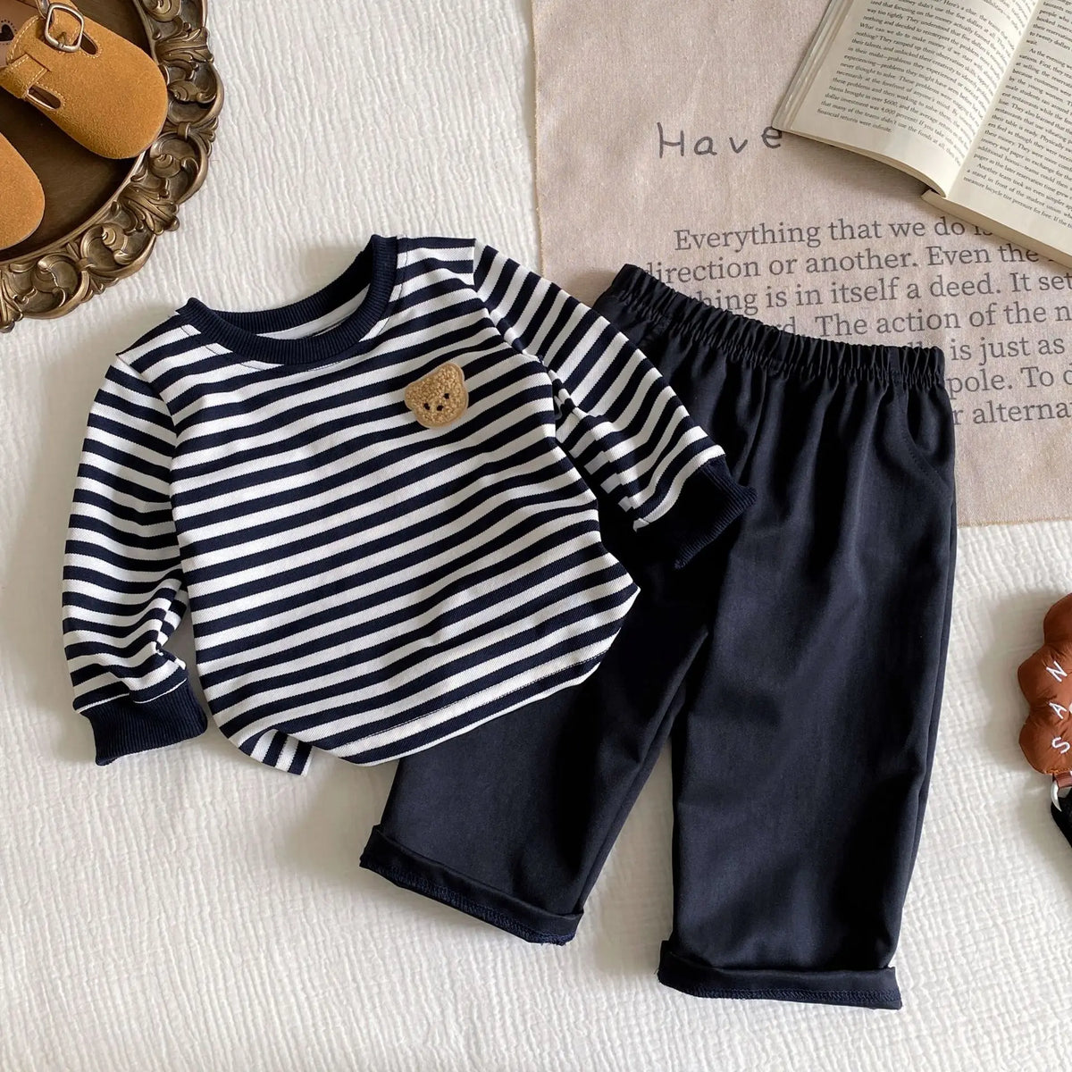 2025 Autumn New Baby Loose Striped Clothes Set Infant Boy Cute Bear Tops + Pants 2pcs Suit Long Sleeve Toddler Outfits