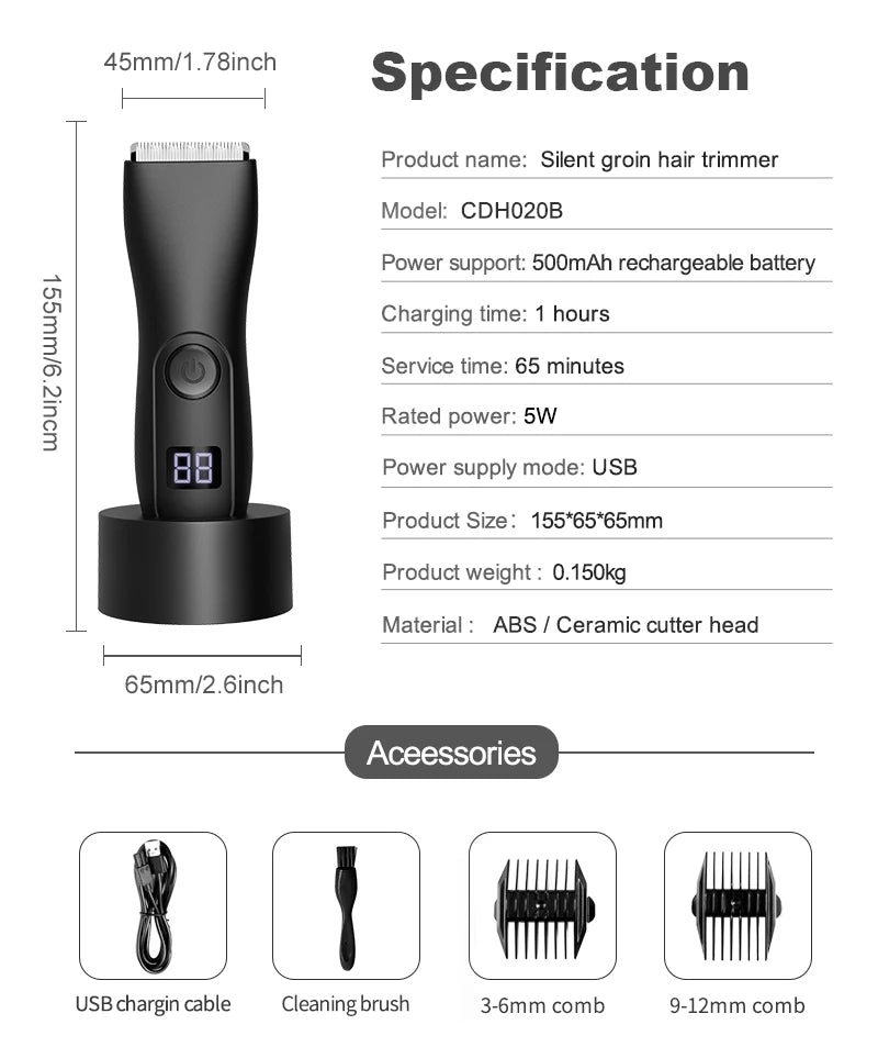 IPX6 3-in-1 Body/Beard Trimmer - Cordless USB-C Fast Charge, Ceramic Blades, Wet/Dry Grooming