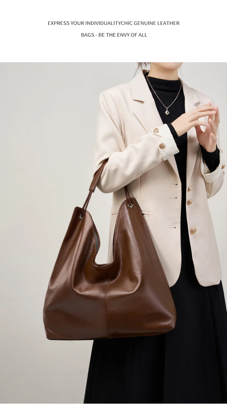 Toptrends Cowhide Genuine Leather Large Underarm Shoulder Bags For Women 2025 Luxury Designer Hobo Tote Bucket Ladies Handbags