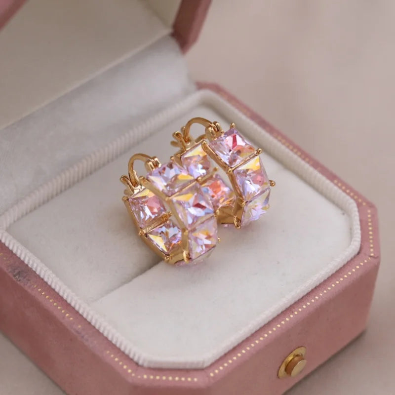 2025 Korean new design fashion jewelry luxury square blue crystal hoop earrings elegant women's daily work accessories