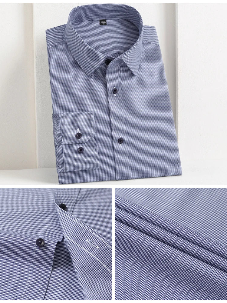 Men's Houndstooth Non-Iron Long Sleeve Button-Up Cotton Shirt, No Pocket Skin-Friendly Casual Versatile for Various Occasions