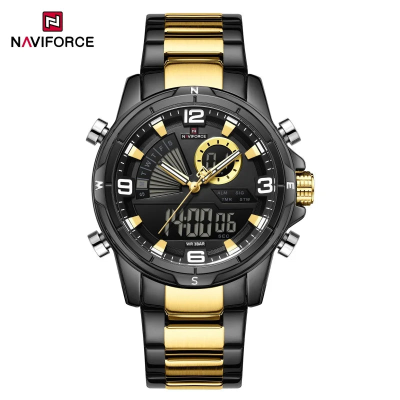 NAVIFORCE Men's Watch 3ATM Waterproof Multifunctional Dual Display with Date Stainless Steel Strap Luxury Business Wristatch