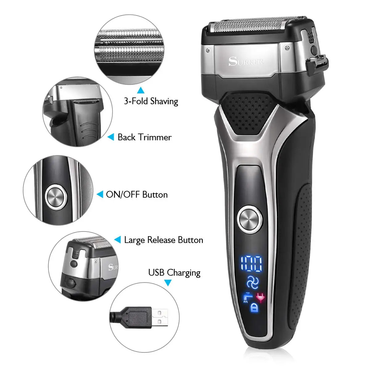 Turbo two speed wet dry rechargeable electric shaver foil set male USB face beard electric razor for men body shaving machine