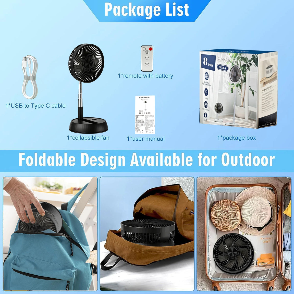 Home Bedroom Outdoor Camping Foldable Vertical Desktop Electric Fan Remote Control Silent Timed Left Right Rotation Black Fan