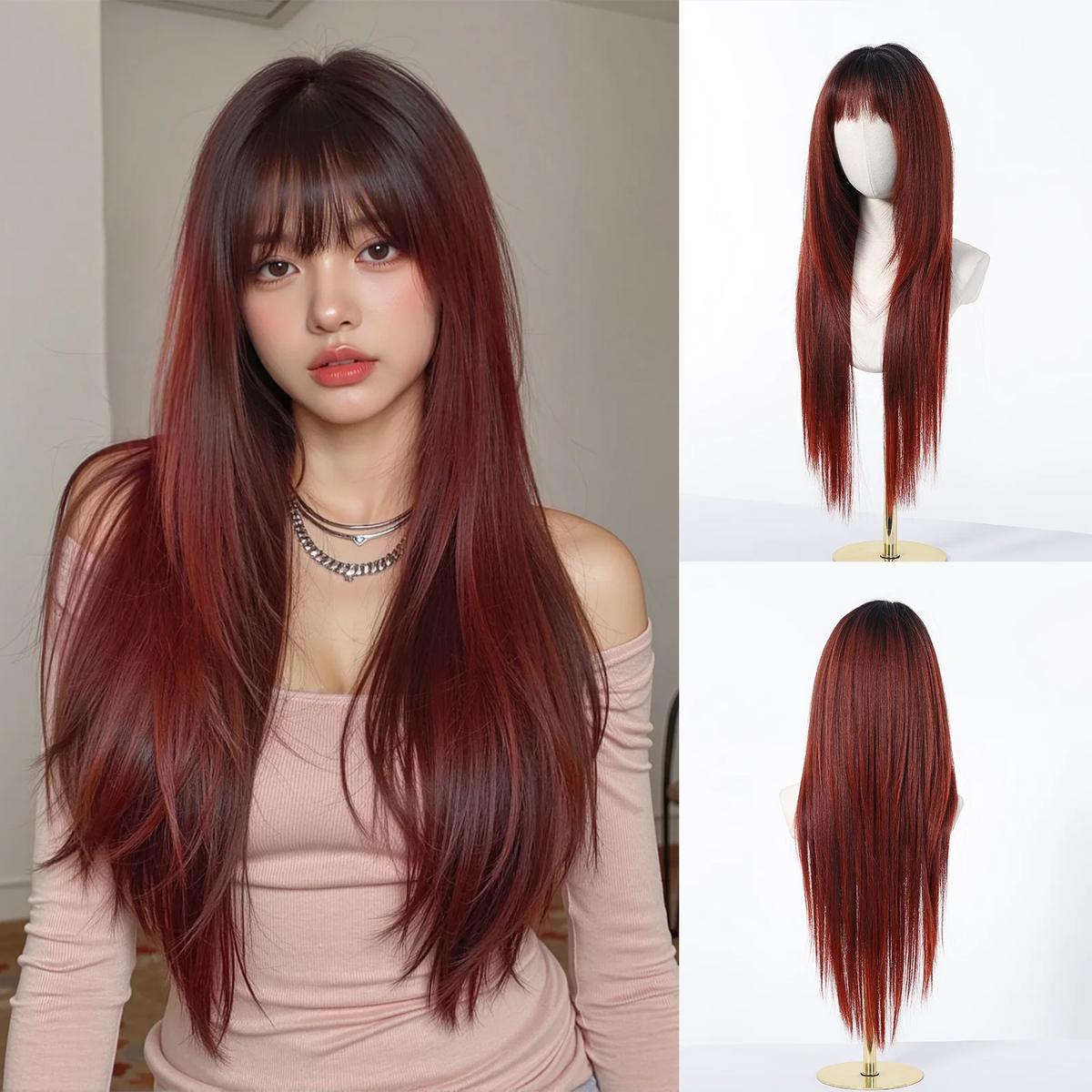 Burgundy Wine Red Ombre Layered Synthetic Wigs With Bangs Super Long Straight Wig For Women Cosplay Natural Daily Heat Resistant