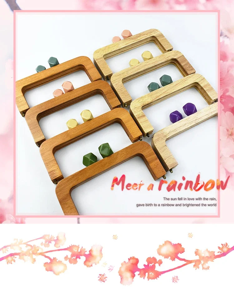 Deepeel 20cm Solid Wood Square Bag Handles Wooden Beads Kiss Clasp Locks Handbag Purse Frames Handle DIY Crafts Accessories