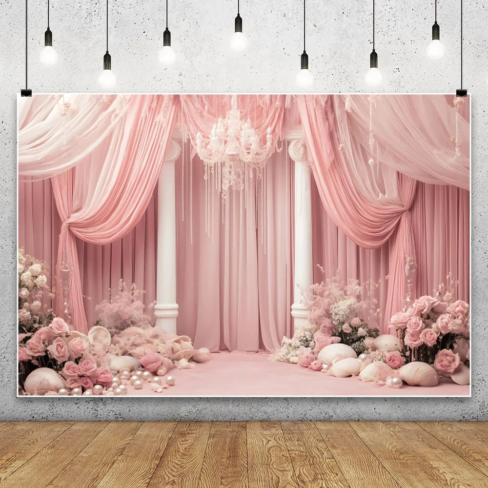 Pink Curtain Flowers Wedding Backdrop Baby Girl's Birthday Bar Mitzvah Portrait Photographic Background for Photo Studio Shoot