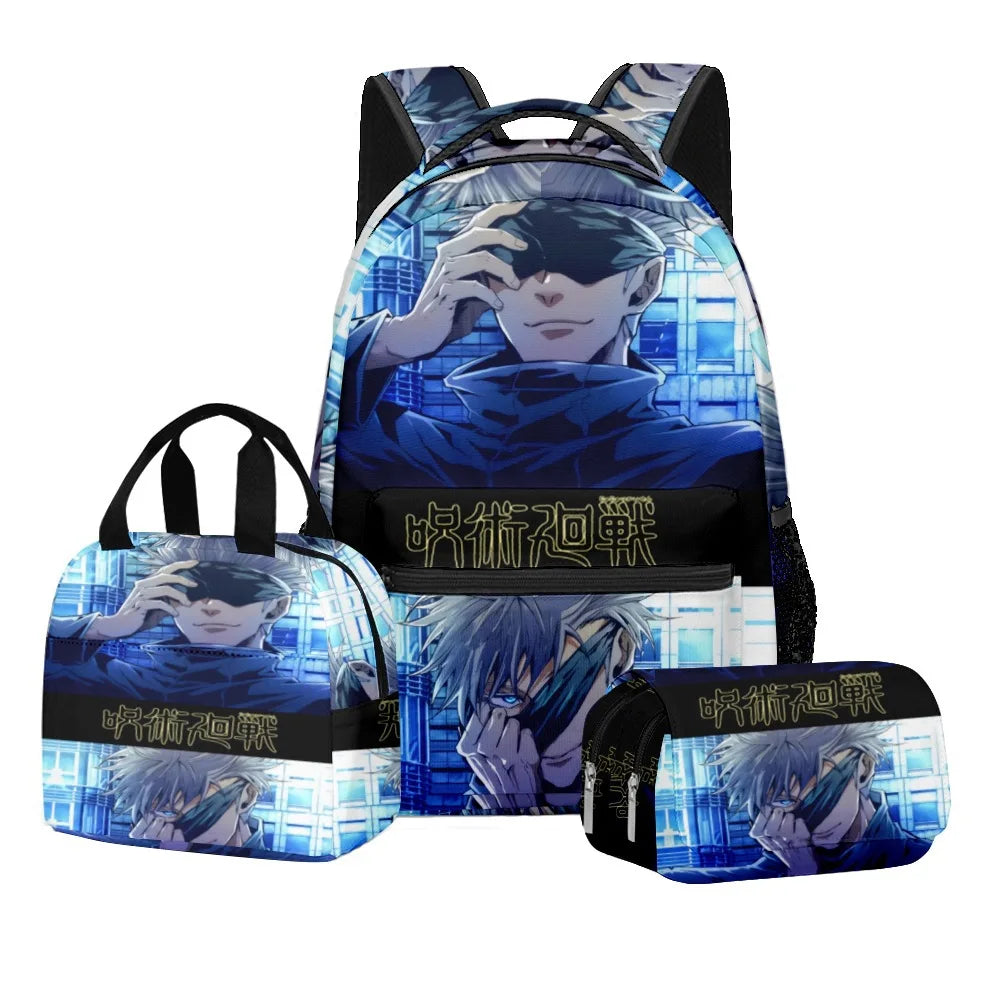 Anime Digital Print Jujutsu Kaisen School Set Large Capacity Backpack Lunch Bag 2-Layer Pencil Case 3-Piece Boy's Gift