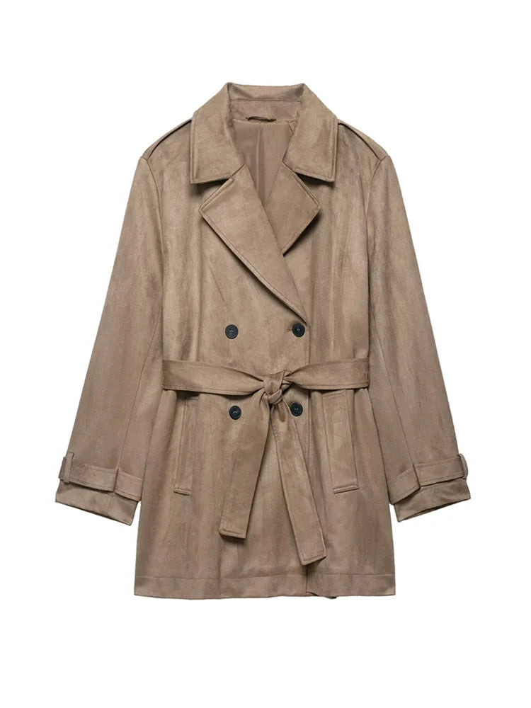Women Fashion With Belt Faux Suede Trench Coat Long Sleeve Double-breasted Female Outerwear Chic Tops