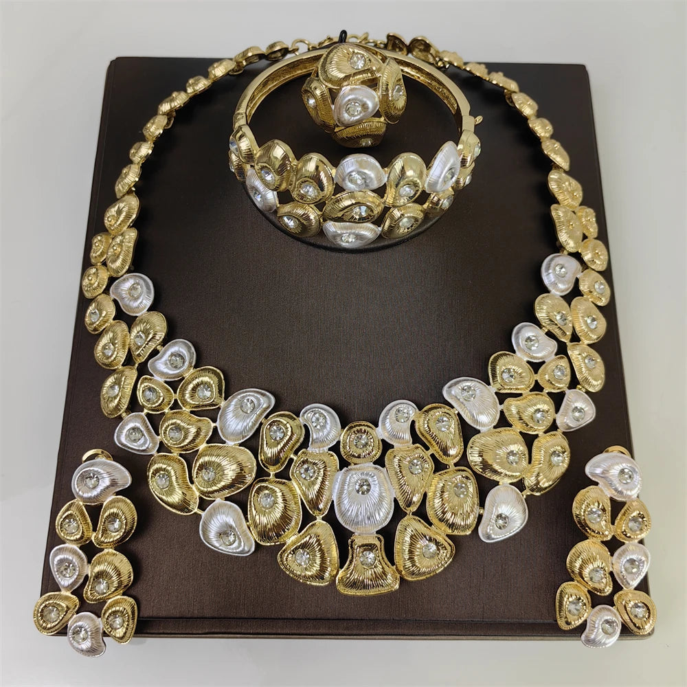 18K Gold Plated Jewelry Set For Women Classic Fashion Necklace Earrings Bracelet And Ring 4PCS Set Jewelry