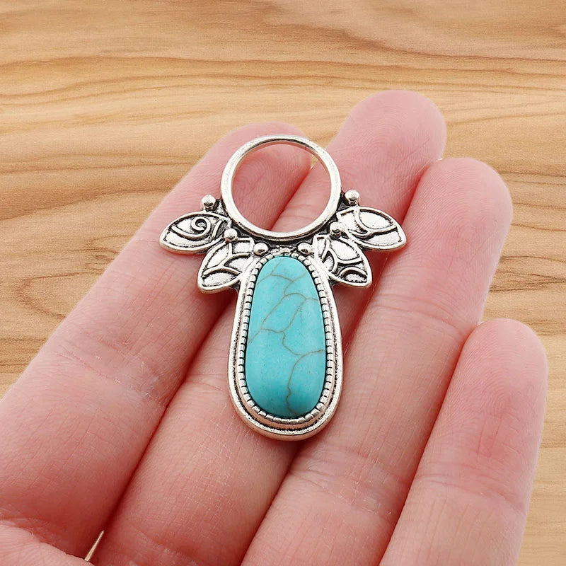 4 Pieces Tibetan Silver Color & Turquoise Crystal Hollow Charms Pendants For DIY Necklace Jewelry Making Accessories