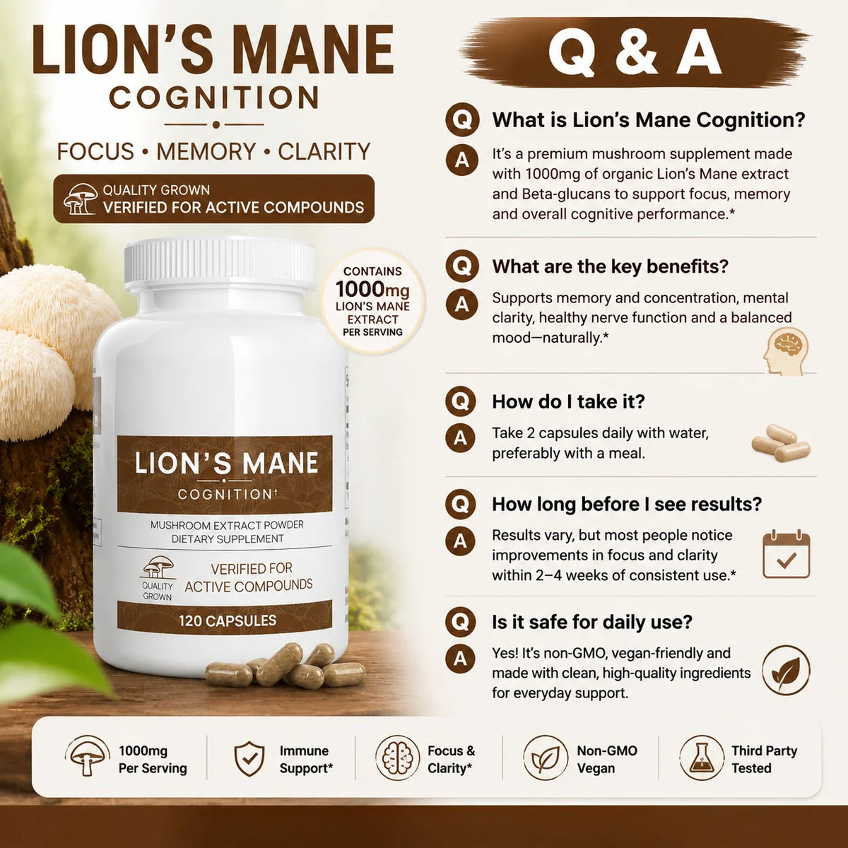 Lion’s Mane Mushroom Extract Capsules 1000mg, 300mg Beta Glucans, 120 Count, Vegan Non-GMO Gluten Free Daily Blend