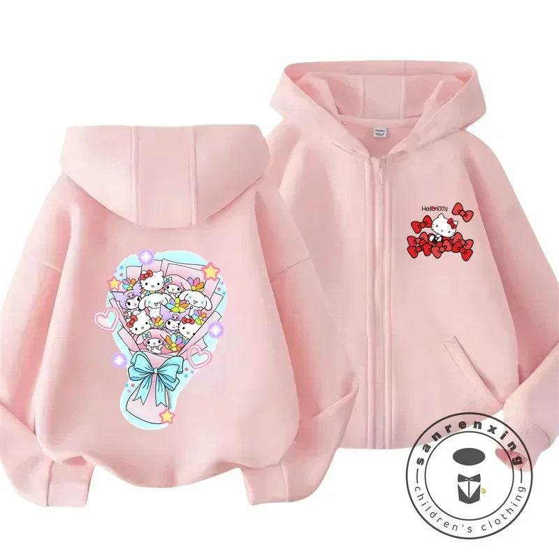 Boys Girls Hello Kitty Hoodies Long Sleeves Cartoon Sweatshirt Baby Children Clothing Autumn Zipper Cardigan Kids Street Wear
