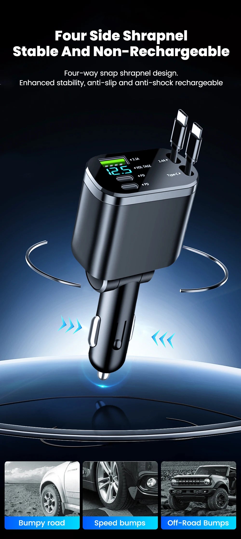 150w Car Charger USB+ Dual Type-C+Dual Type-C Stretching Cable PD Fast Charging Car Phone Digital Display Adapter For Cellphones