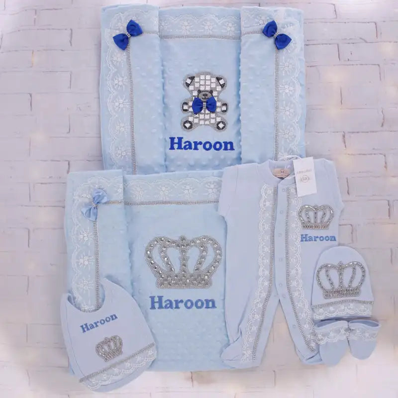 Dollbling Newborn 5pcs Layette Outfits Set Baby Tuxedo Outfit 0-3M Handmade Embroidery Wheat Jewels Crown Parajams Gift Set