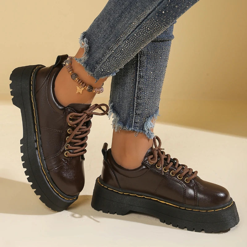 Thick Bottom Women's Low Top Soft Leather Round Toe Casual Student Lolita Flat Shoes Women Platforms Zapatos De Mujer