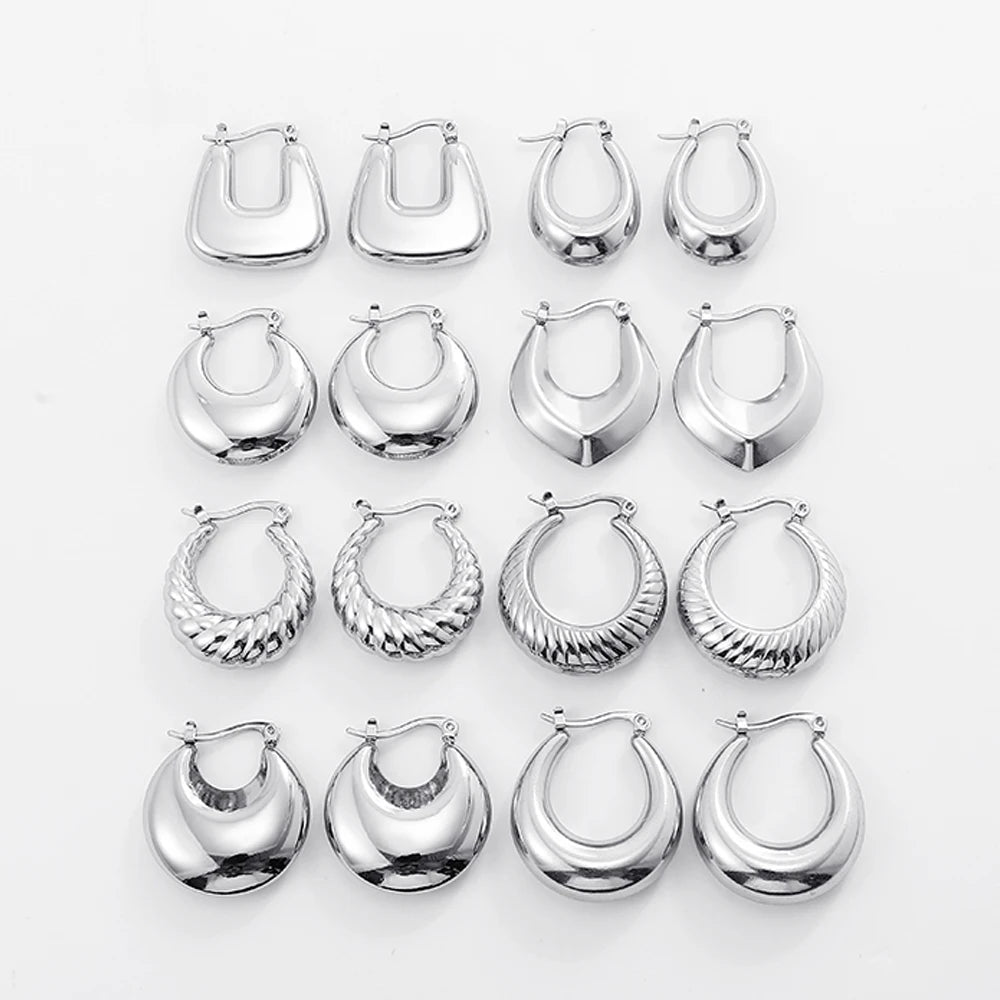 New Trend Silver Color Polished Stainless Steel CC Circle Chunky Hoop Earrings Twist PVD Dome Lightweight Hammered Drop Earrings
