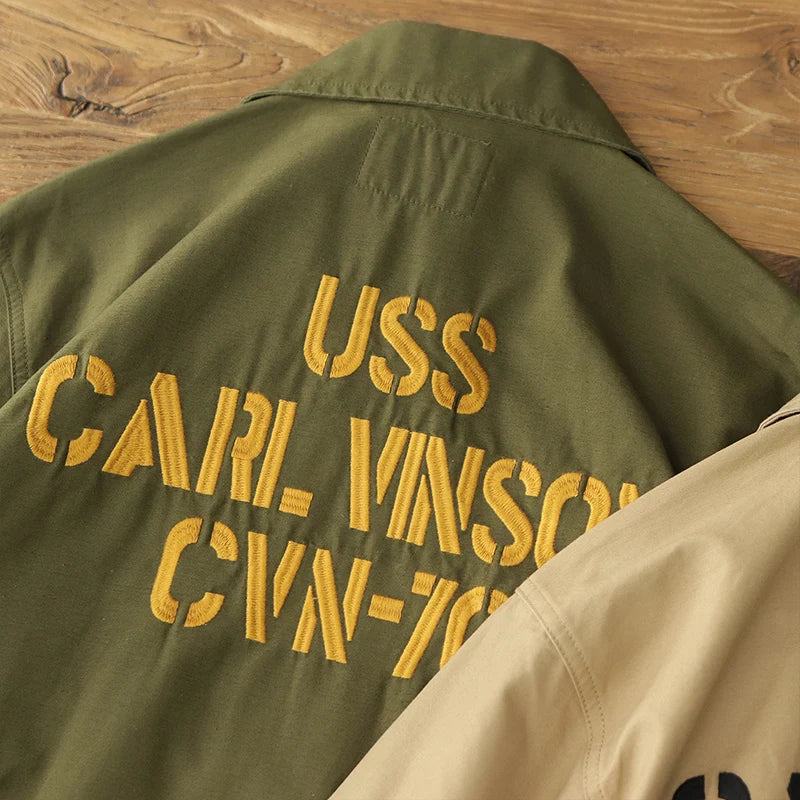 Autumn New American Retro Twill Embroidery Cargo Deck Jacket Men's Fashion 100% Cotton Washed Multi-pockets Casual Loose Coat
