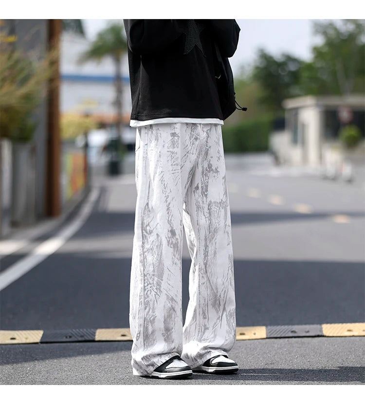 Jeans Mens Classic Straight Leg Jeans White Tie Dye Denim Pants Unisex Fashion Casual Trousers Streetwear Hip Hop Style Washed