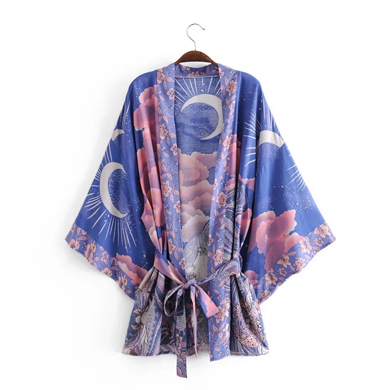 Happie Queens Vintage Star and Moon Floral Print Sashes Women Bohemian V Neck Batwing Sleeves Happie Short Robe Kimono