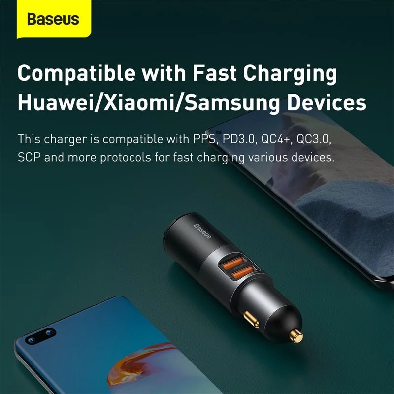 Baseus 120W Car Phone Charger Quick Charge QC 4.0 3.0 Dual USB Type C Expand Charger Adapter For iPhone Xiaomi Samsung Huawei
