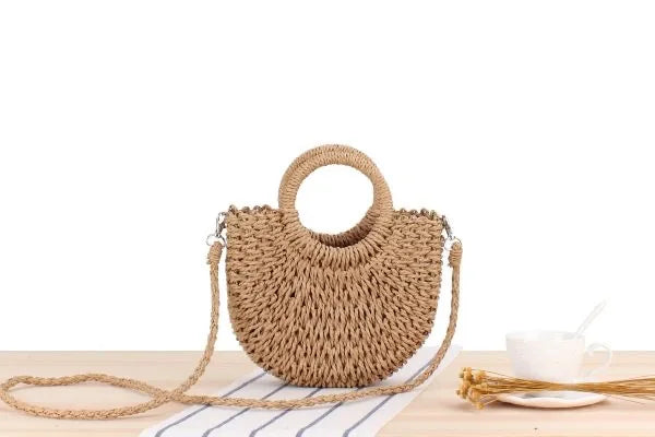 Hand Woven Straw Semicircle Tote Bag Large Capacity Handheld Crossbody 2-in-1 Beach Vacation Fashion Bag for Women