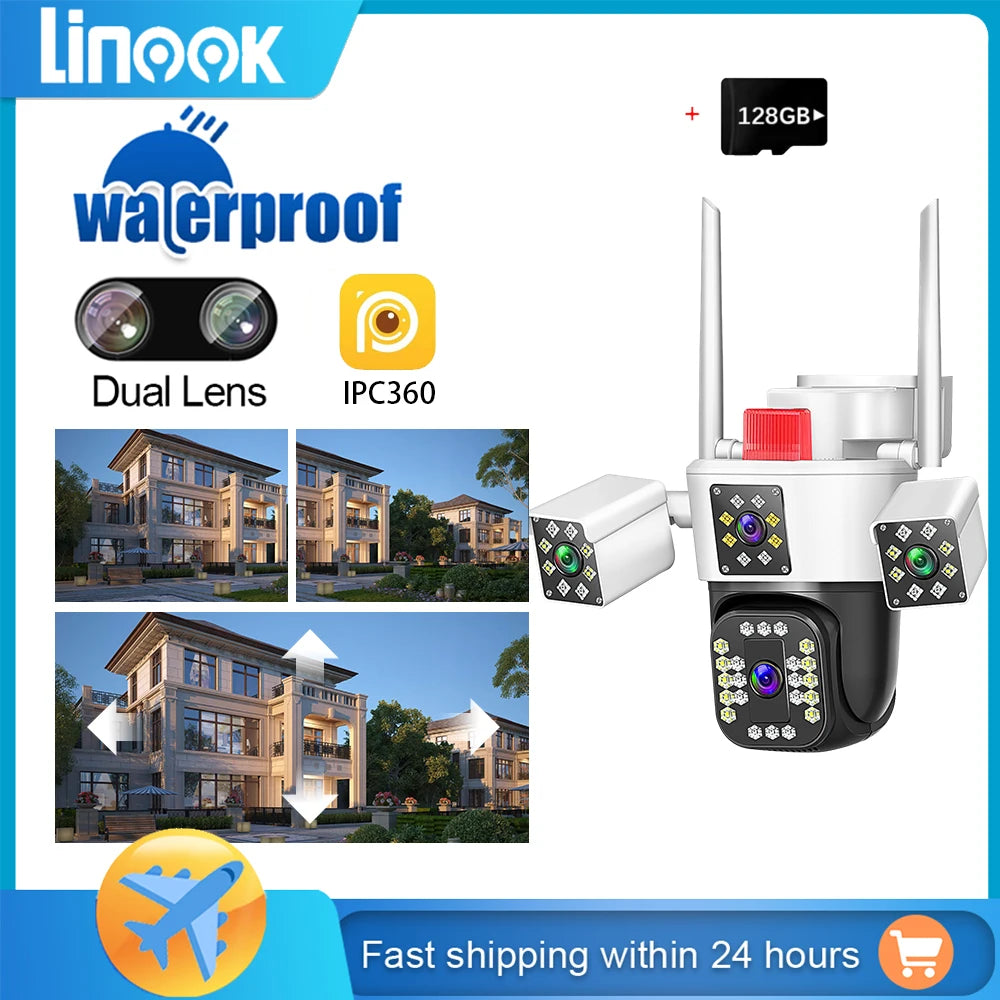 Linook 12MP, 4K, 4-lens, WiFi monitoring camera, IP camera, CCTV outdoor WiFi camera, WiFi security protection camera
