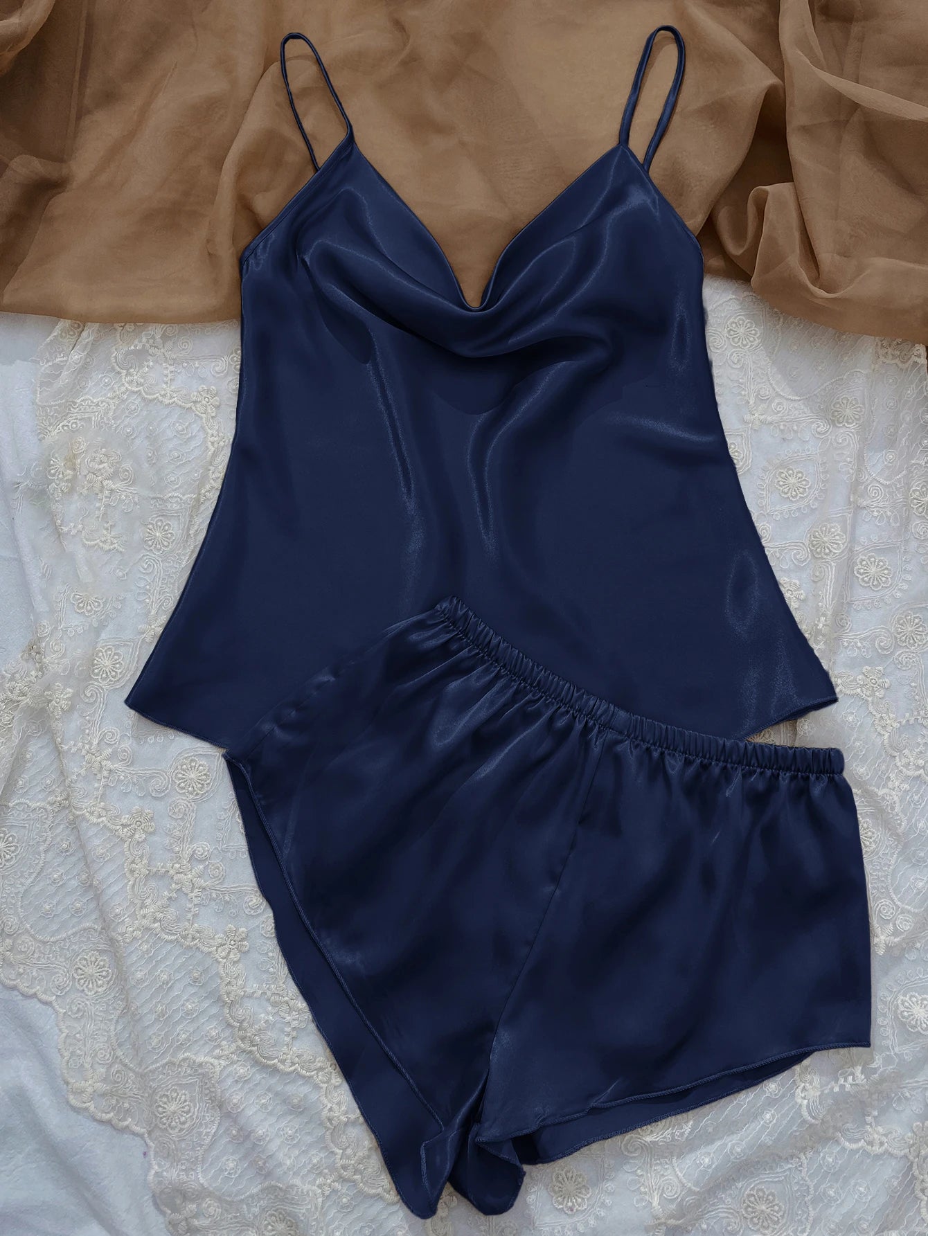 Solid Satin Pajama Set  V Neck Cami Top   Elastic Waistband Shorts Women's Sleepwear  Loungewear