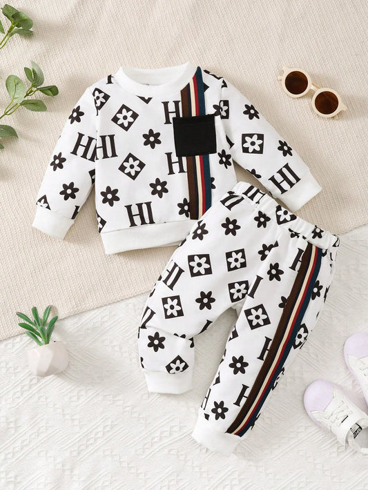 Winter  0-3 Years  Old   Infant  Baby  Girls   Floral   Print  Long  Sleeved  Sweatshirt  Set