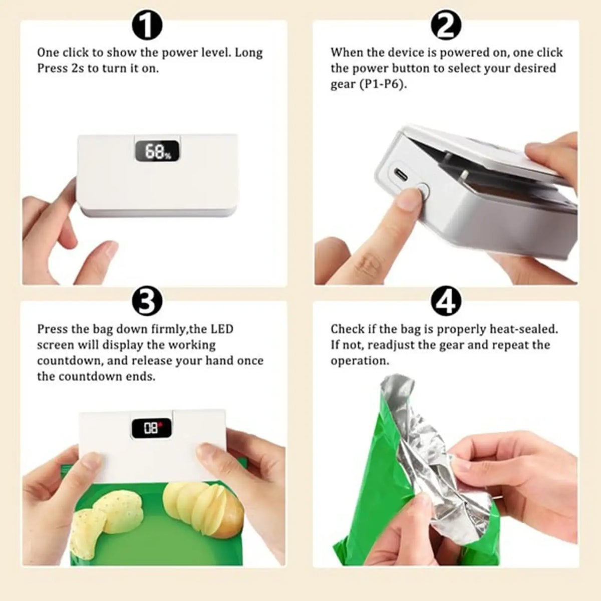 6-Mode Rechargeable Magnetic with Cutter Mini Sealer Electric Handheld Sealer Machine for Home Kitchen Restaurant Snack Chip