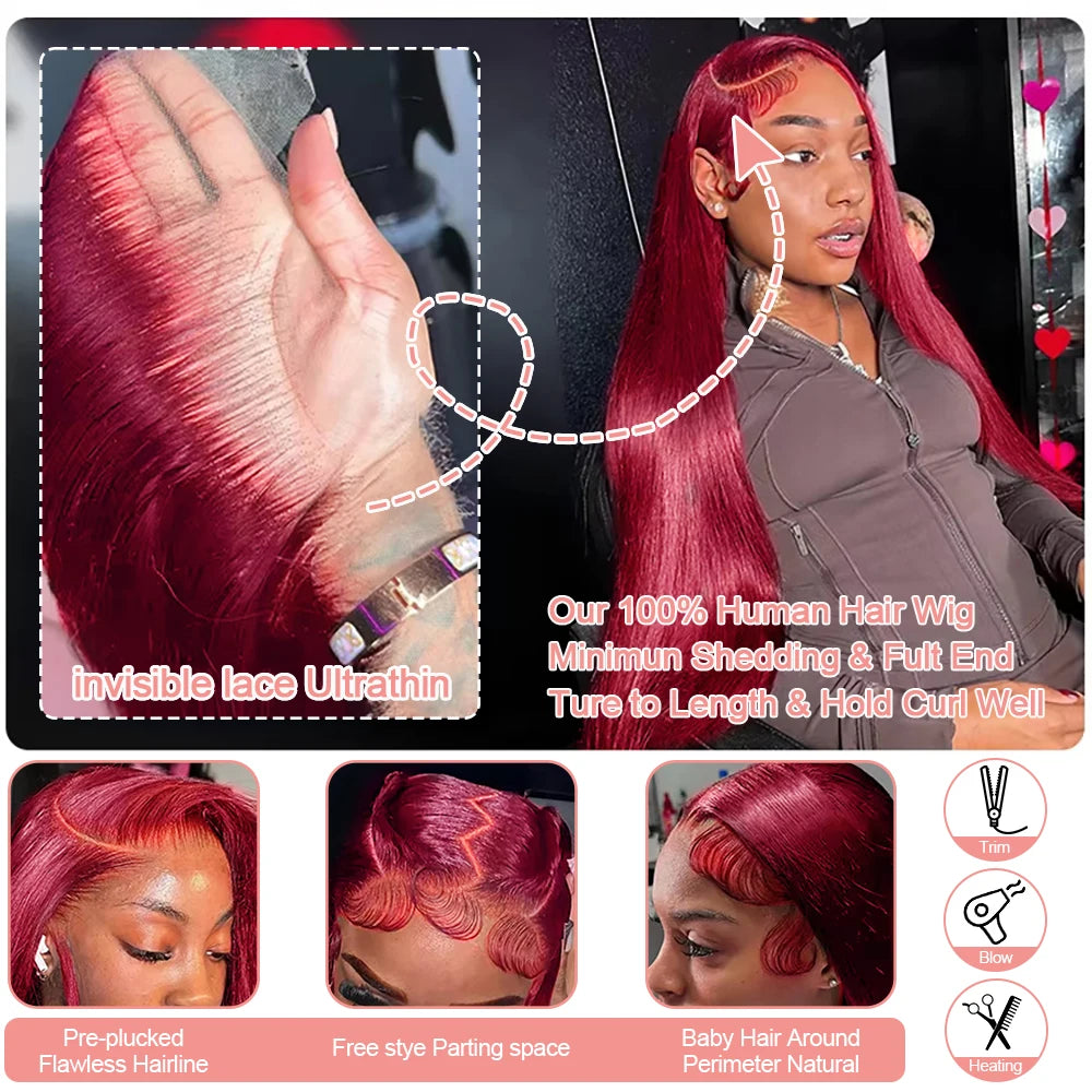 Burgundy Transparent Lace Frontal Human Hair Wig 7x5 Glueless Red 99J Straight Colored 13x4 Lace Front Human Hair Wigs For Women