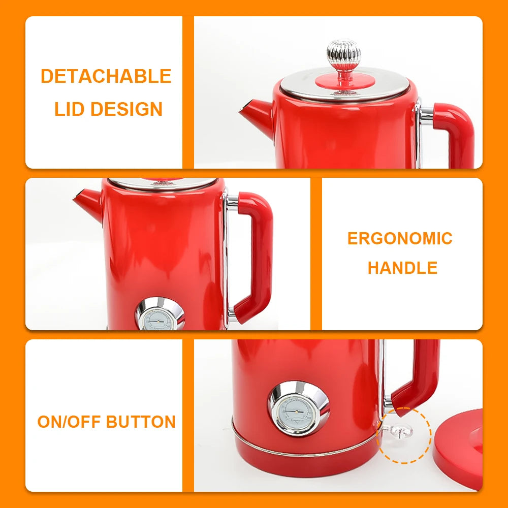 1.8L British Retro Electric Kettle 304 Stainless Steel Fast Boil Auto Shut Off Home Kitchen Hot Water Pot for Tea Coffee