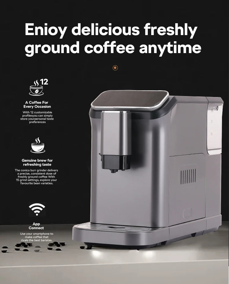 Mcilpoog WS-D5 Automatic Coffee Machine - Smart Wi-Fi , 12 Coffee Varieties, Touchscreen & Built-In Frother/1.5L Tank for Home