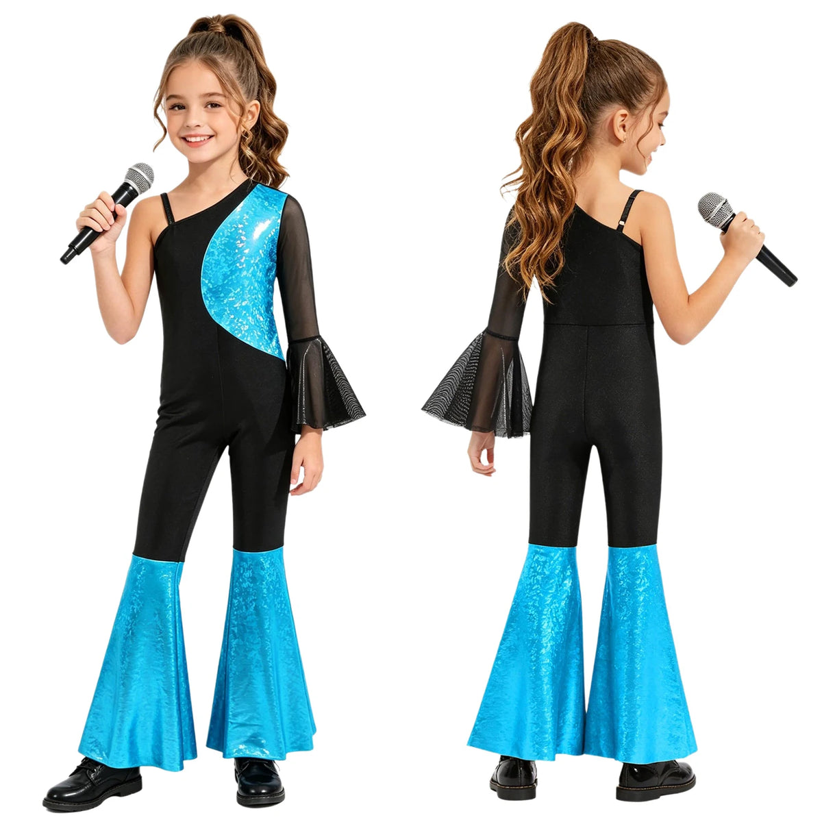 Kids Girls Hippie Halloween Costume Tassels Unitard Bell-bottom Long Pants Bodysuit Jumpsuit Disco Dance 60s 70s Rave Party Wear