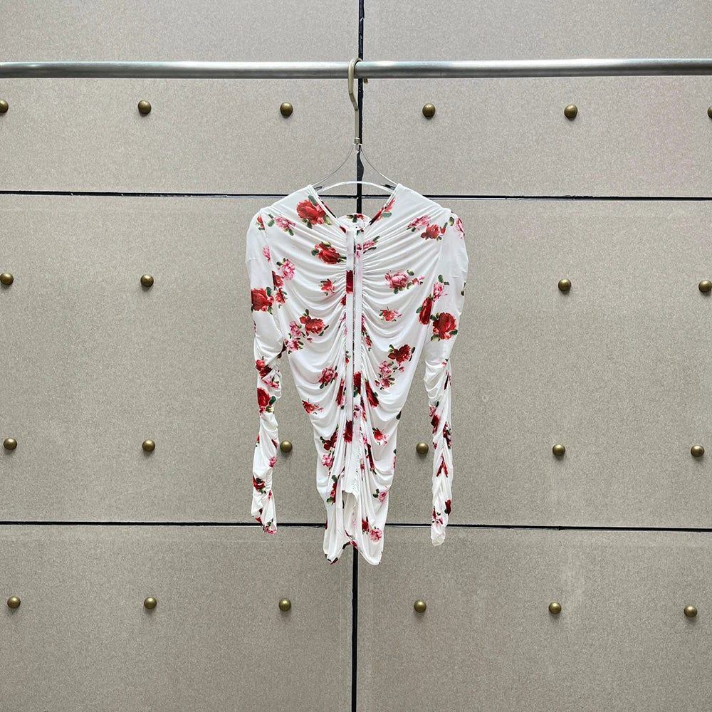 Handmade Floral Women's T Shirt Y2k Pleated Slim Temperament Elegant Round Neck Long Sleeve Blouse 2025 Early Spring New