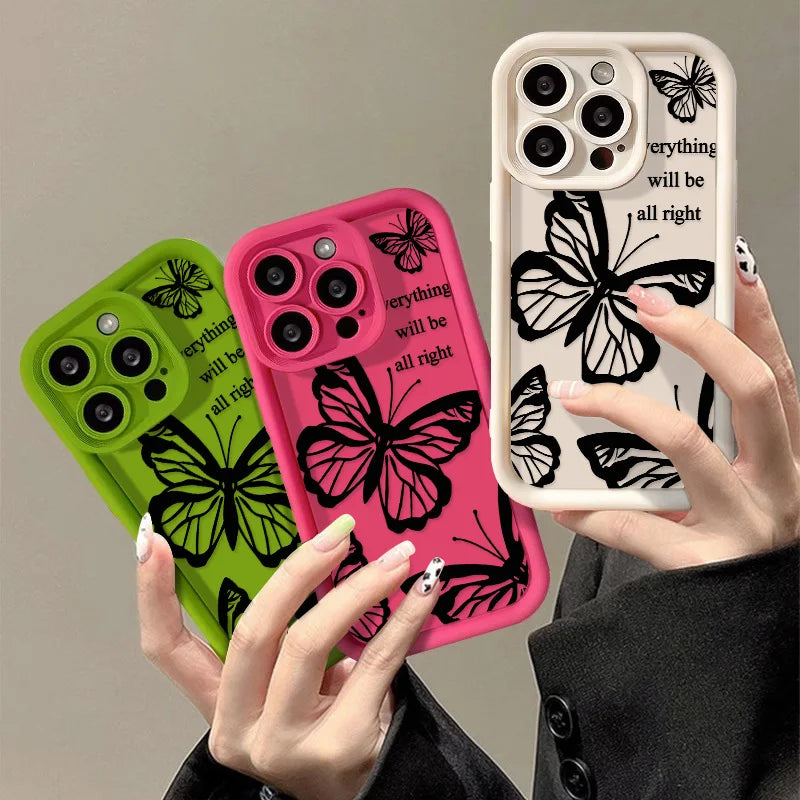 Black Butterfly Silicone Phone Case For iPhone 11 13 14 12 15 17 16 Pro Max XR XS X 7 8 Plus SE 2020 2022 Candy Color Soft Cover