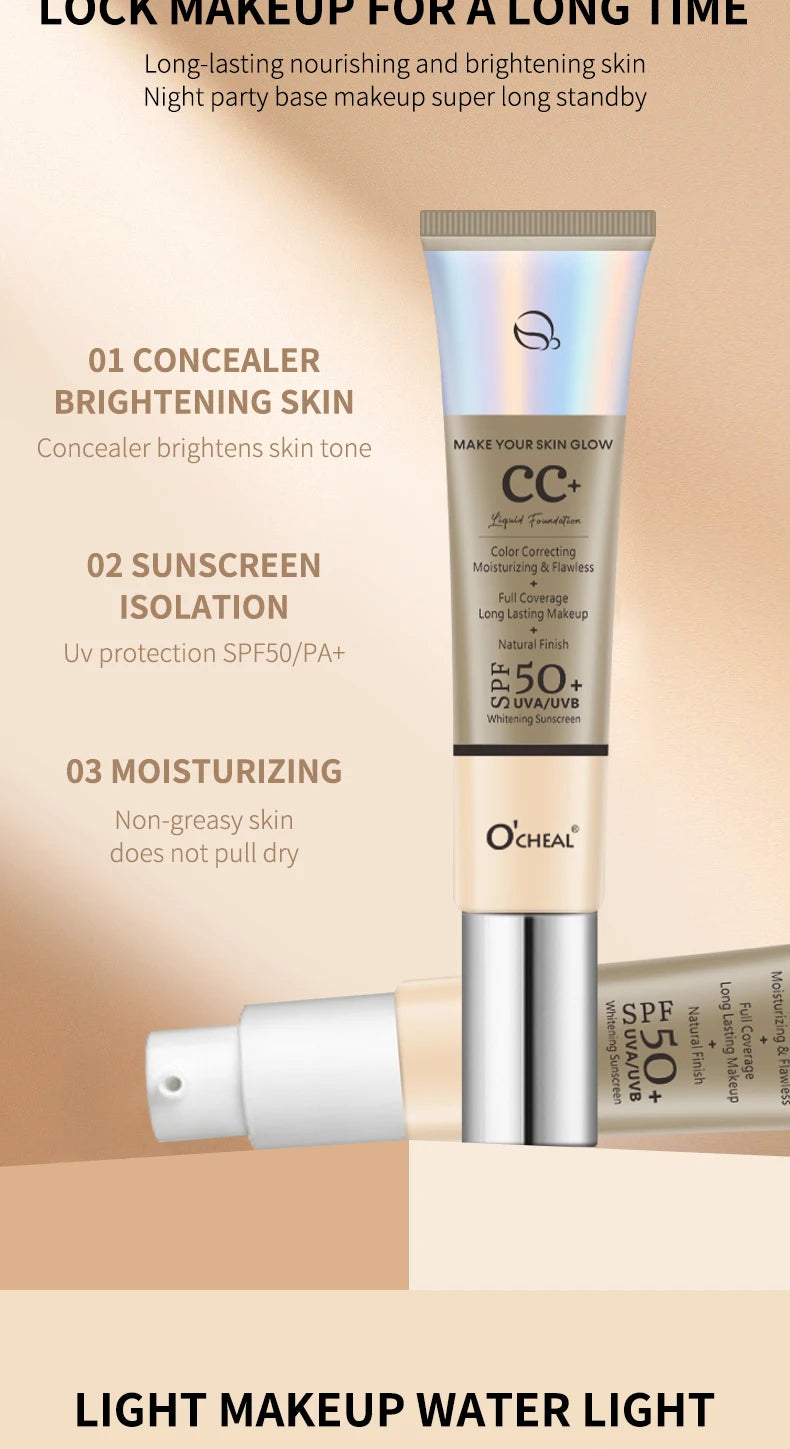 Ocheal 30g CC Cream Foundation Waterproff Concealer Moisturizing Sunscreen Liquid SPF 50+ Long Lasting Brightening Makeup Primer
