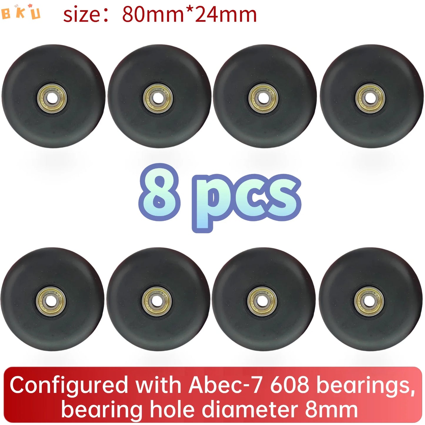 BKU 80mm PU Durable Replacement Wheels (8PCS) - Compatible with Inline Skates Scooters Strollers Suitcases