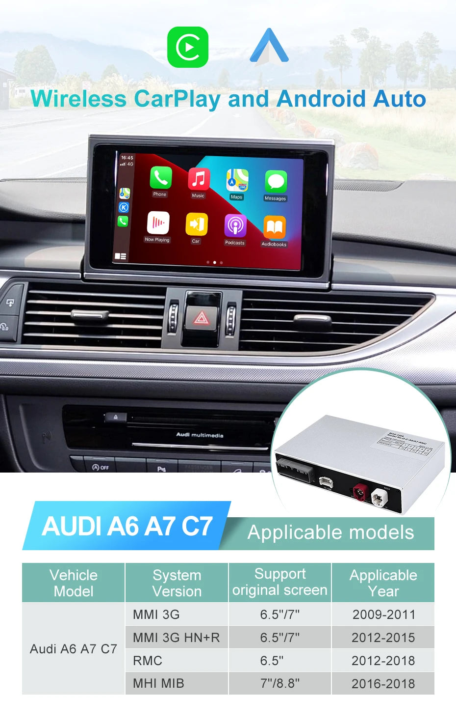 Wireless CarPlay For Audi A6 A7 C7 MMI 3G HN+R 2009-2015 RMC 2012-2018 MIB 2016-2018 Car Play Android Auto Reverse Camera