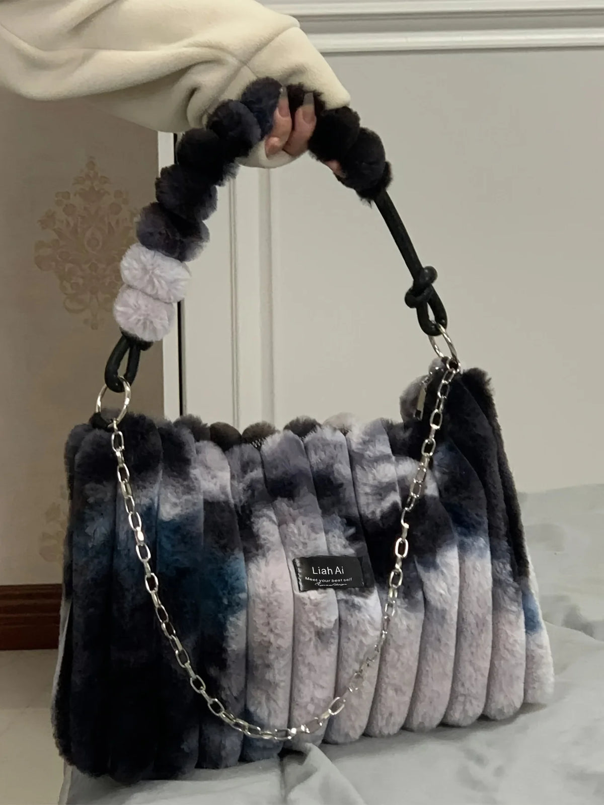 Women's Large Plush Tote Bag with Crossbody/Handheld Carry Soft Striped Plush Exterior Cozy Handbag for, Travel, Everyday Use