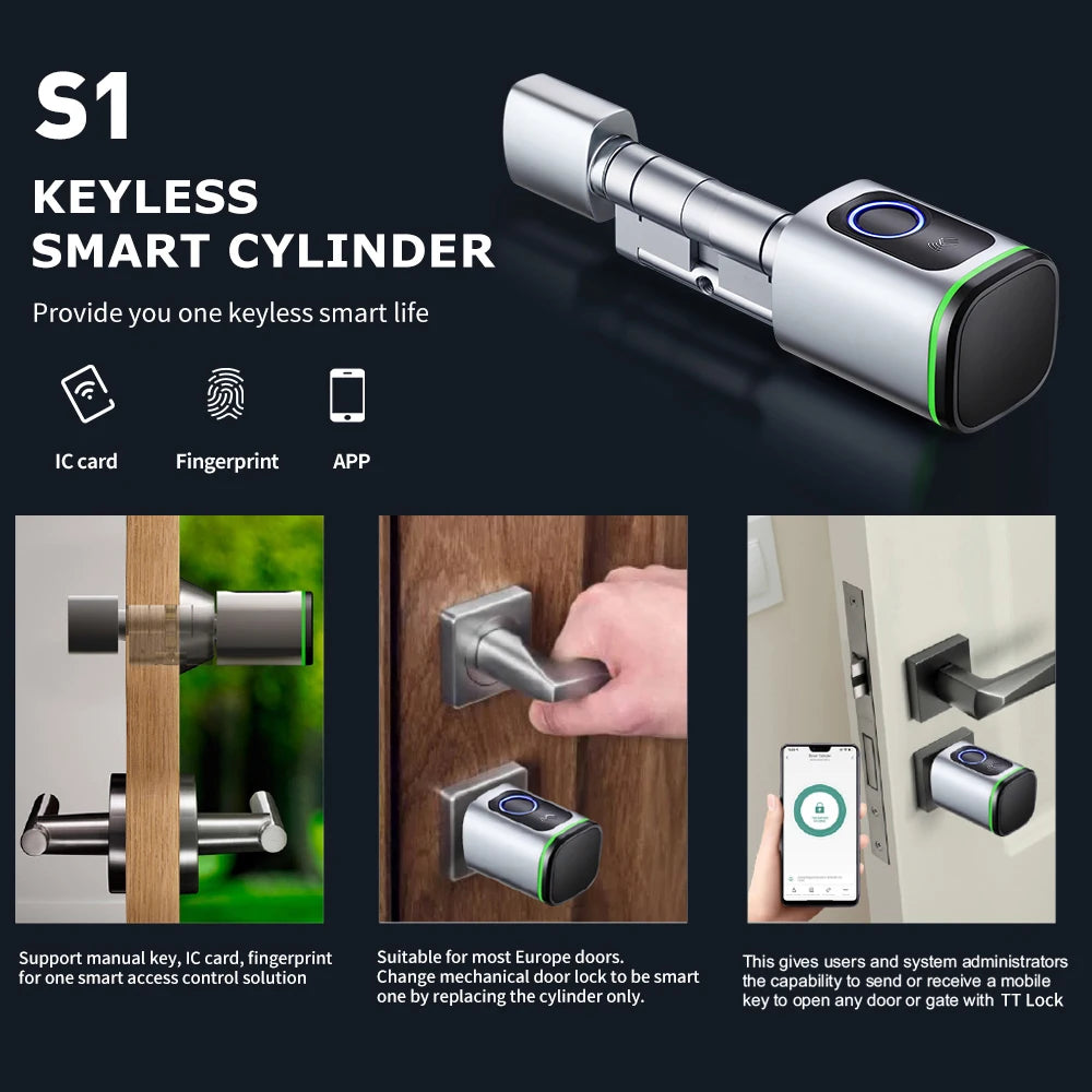 TTLOCK App Electronic Digital Smart Cylinder With Fingerprint or Password Bluetooth 13.56mhz Rfid Card Mechanical Key Euro lock
