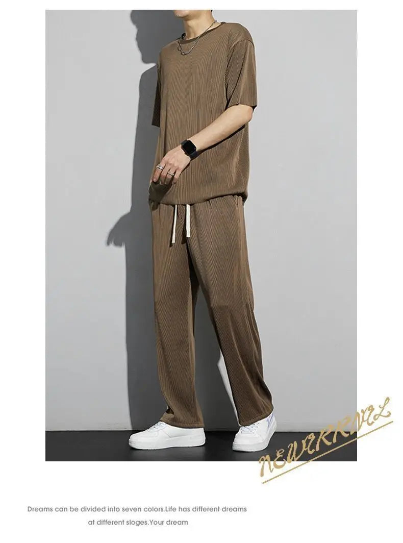 New Ice Silk Sports Set Men's Summer Thin Tracksuit Men 2024 Casual Long Pants Short Sleeve T-shirt Quick Drying Clothes Sets
