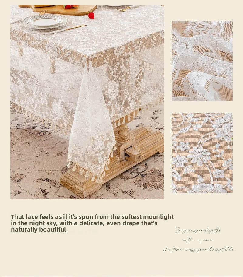 French Rose Lace Tablecloth, Rectangular Dining Tablecloth, Home Coffee Table Wedding Decoration Cover,