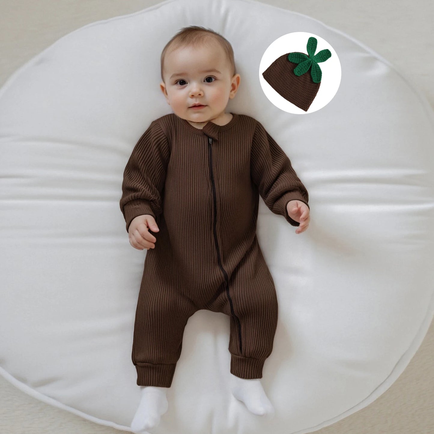 Infant Baby Boy Halloween Outfit Little Mandrake Jumpsuit Long Sleeve Ribbed Zipper Romper with Knit Hat Magic Baby Outfit