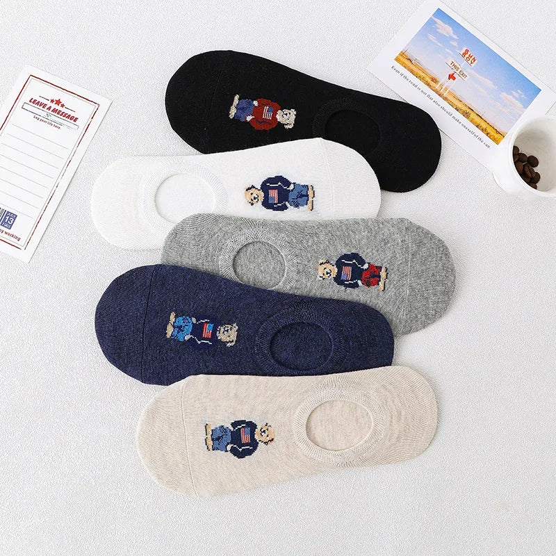 5 Pairs Unisex Men Socks 5 Colors Summer New Cartoon Bear Cotton Boat Socks Light Comfortable Sweat-absorbent Invisible Socks