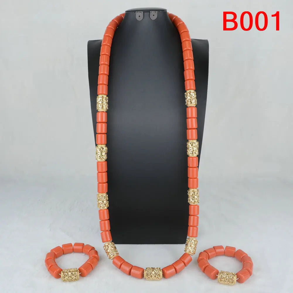 High Quality 2 Layers Artificial Coral Bead African Wedding Jewelry Set Women Necklace Nigeria Bride Party Gift