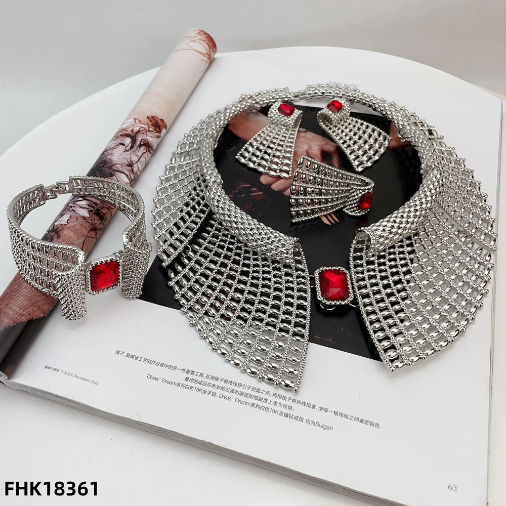 Nigeria Original 18K Gold Plated Jewelry Set Women Big Bold Necklace Earrings Bracelet Ring Wedding Party Accessor FHK18356