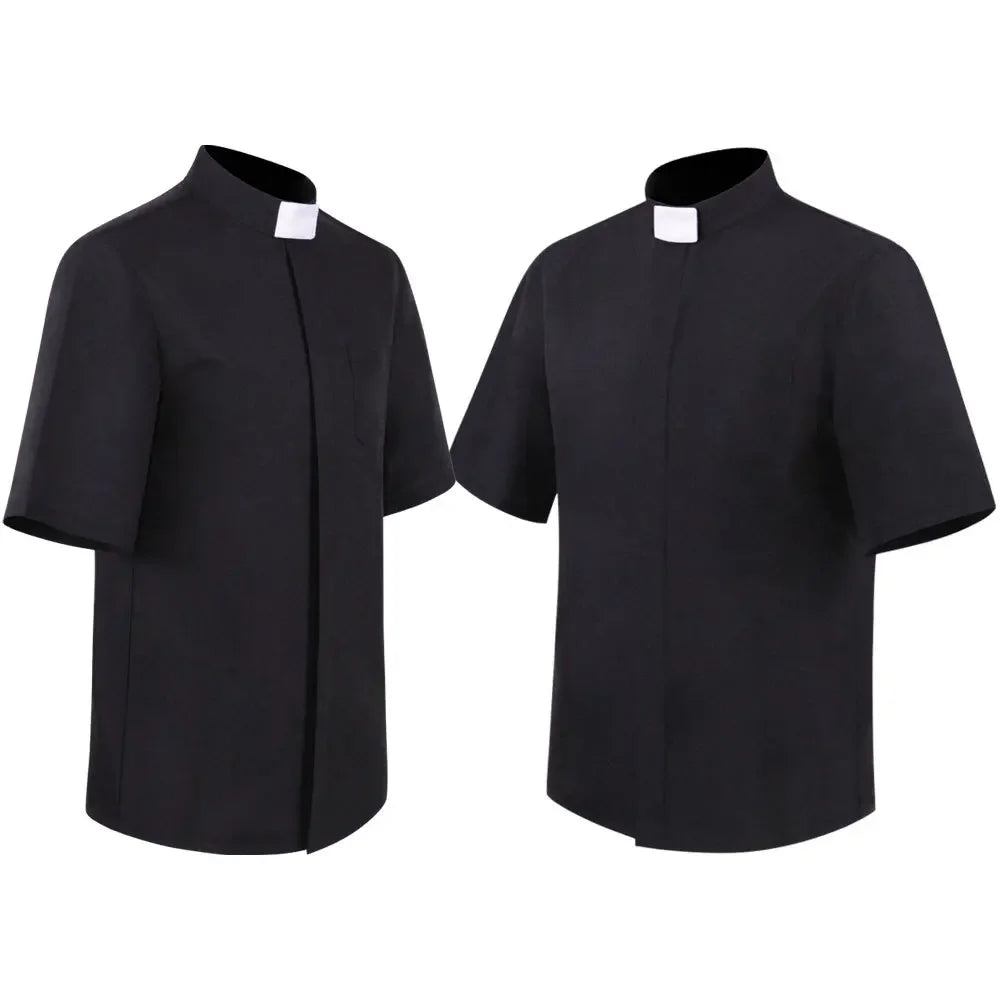 Priest Collar Shirt Men Clergy Stand-up Catholic Church Minister Preacher Summer Short Sleeve Tops Roman Blouse S-5XL